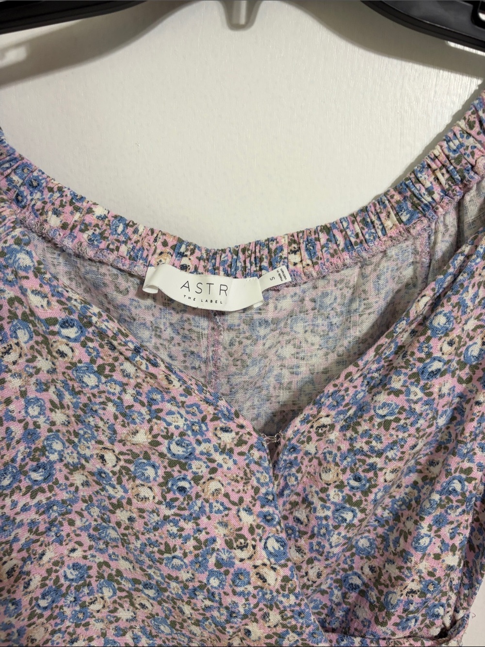Astr Pink and Blue Floral V-Neck Blouse